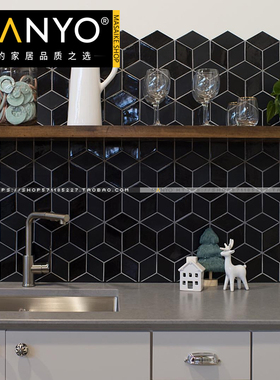 北欧黑色菱形陶瓷马赛克 简约洗手间墙砖 陶瓷马赛克装饰背景墙