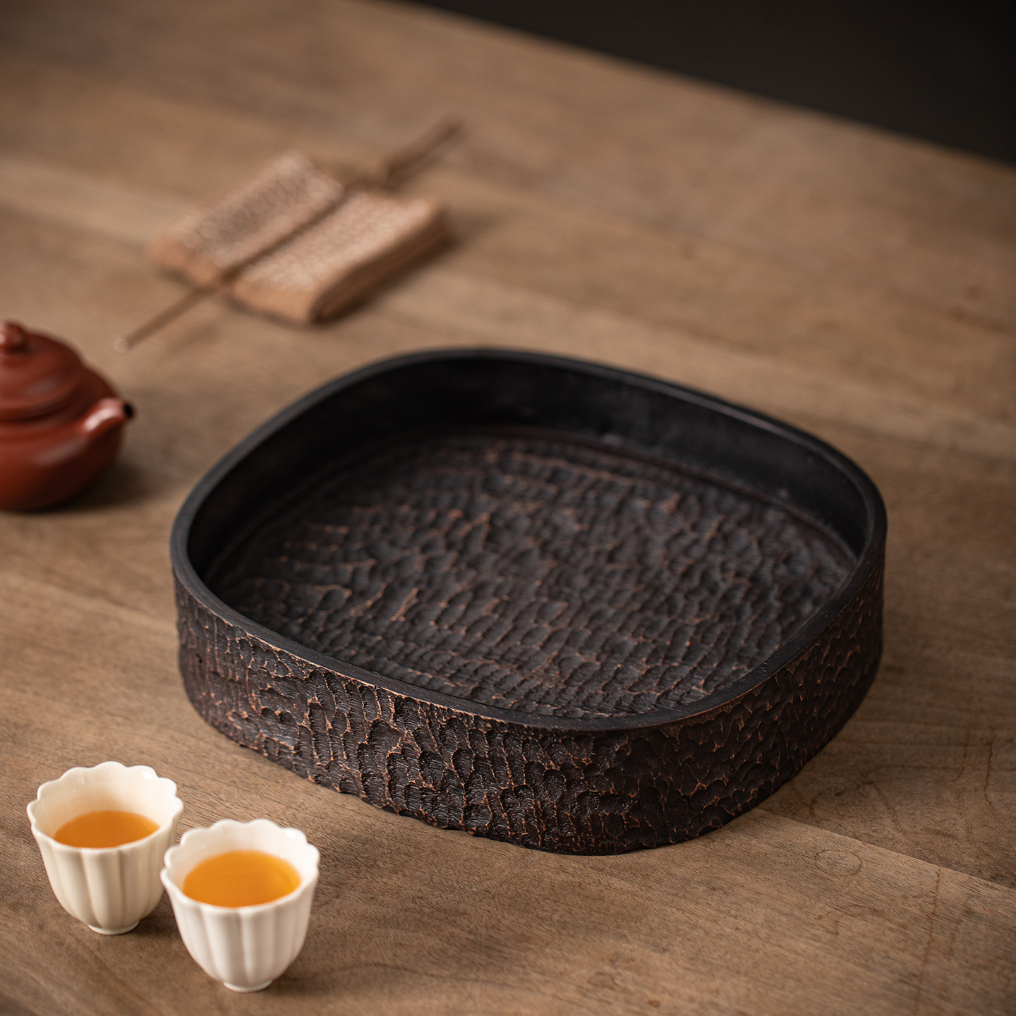 中式胡桃木手工锤纹壶承防烫茶盘