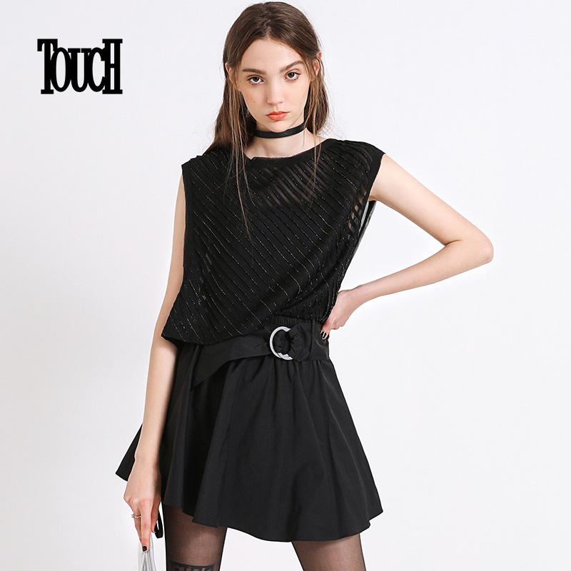 TOUCHÅ®×°2018пîʱÉÐÆøÖÊбÌõÎÆ¼ÙÁ½¼þÊÕÑüÏÔÊݺÚÉ«ÎÞÐäÁ¬ÒÂȹ