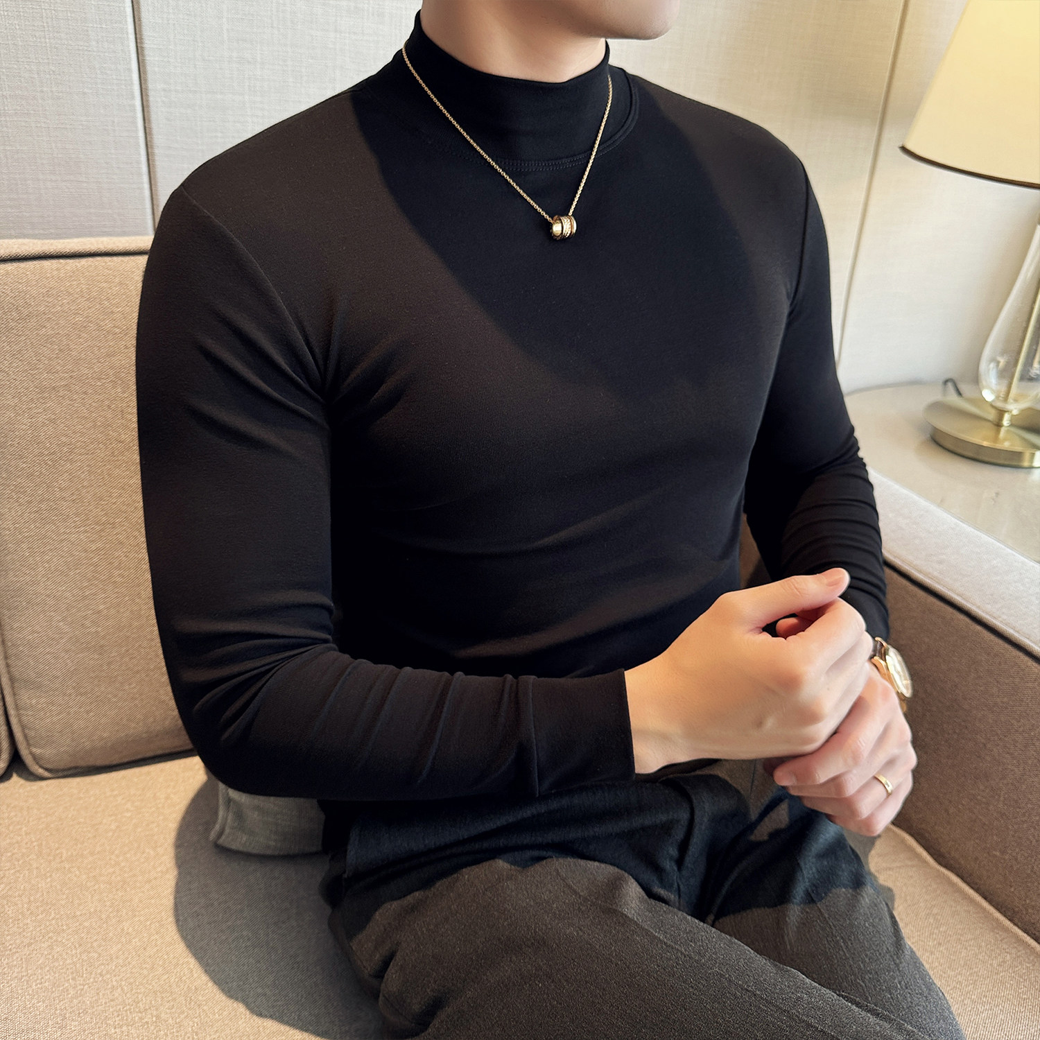2026新款半高领黑色长绒棉打底衫男春秋长袖T恤修身内搭新款上衣
