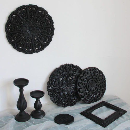 波西米亚风格黑色色墙饰复古ins毛坯素材圆形镂空玄关中式背景墙