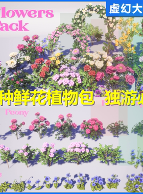 UE5虚幻4 Flowers Pack 鲜花园花卉植物场景素材玫瑰牡丹月季银莲