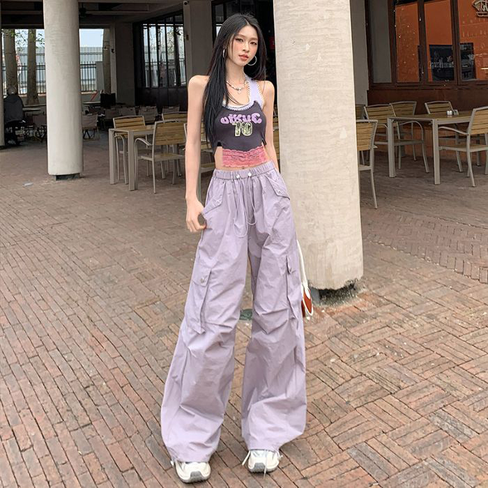 多巴胺紫色工装裤女辣妹夏季薄款