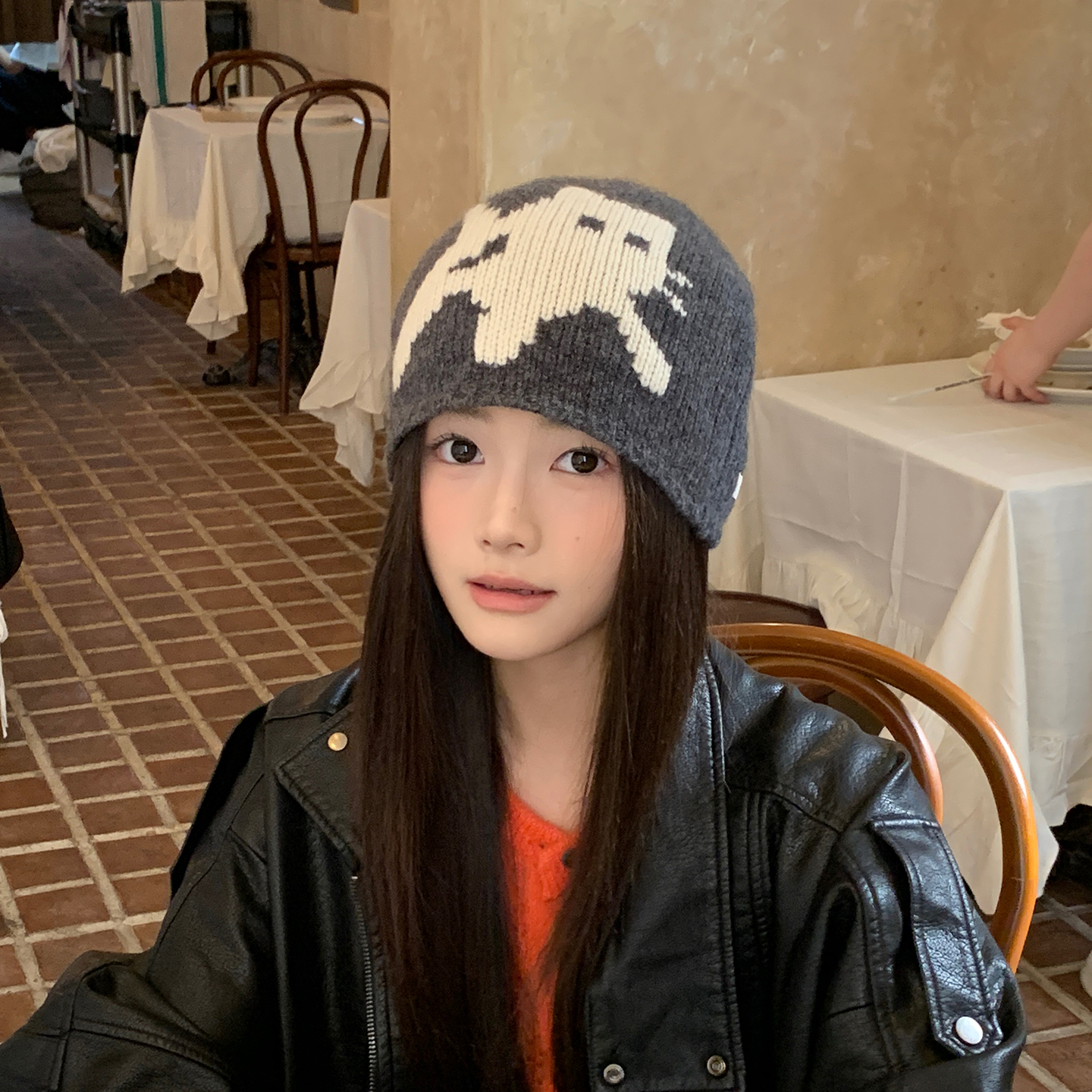 100%羊毛可爱猫咪针织帽冷帽女