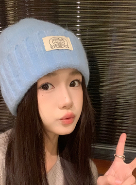 first love初恋蓝帽子女冬季百搭软糯针织帽加厚保暖毛线帽护耳帽