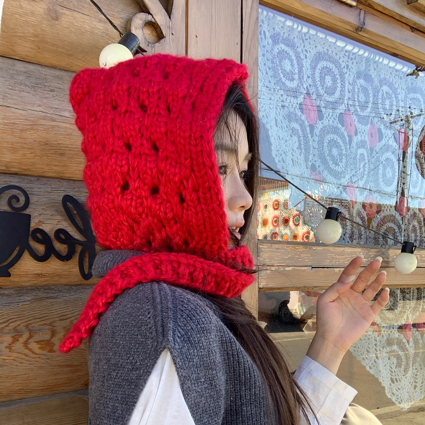 手工编织小红帽女可爱粗棒针织毛线帽ins巴拉克拉法帽护耳雷锋帽
