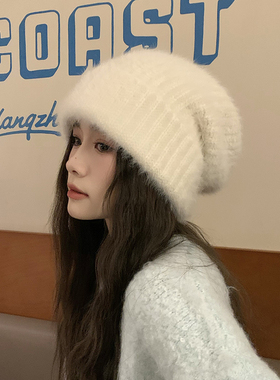 大头围针织帽子女秋冬兔毛白色毛线帽显脸小保暖毛绒堆堆帽冷帽男