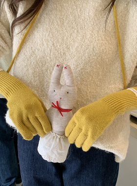 韩国东大门同款黄色长款针织手套女冬季挂脖可触屏防寒保暖手套男