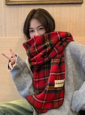 新年马年红色围巾女冬季2025新款英伦格子仿羊绒围脖披肩学生送礼