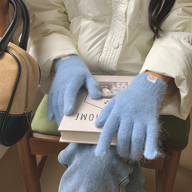 氧气蓝色针织兔毛手套女冬季韩版2025新款骑行防寒保暖手套男学生