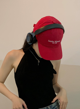 西本显白酒红色字母棒球帽女大头围秋季加深版鸭舌帽男宽帽檐韩版