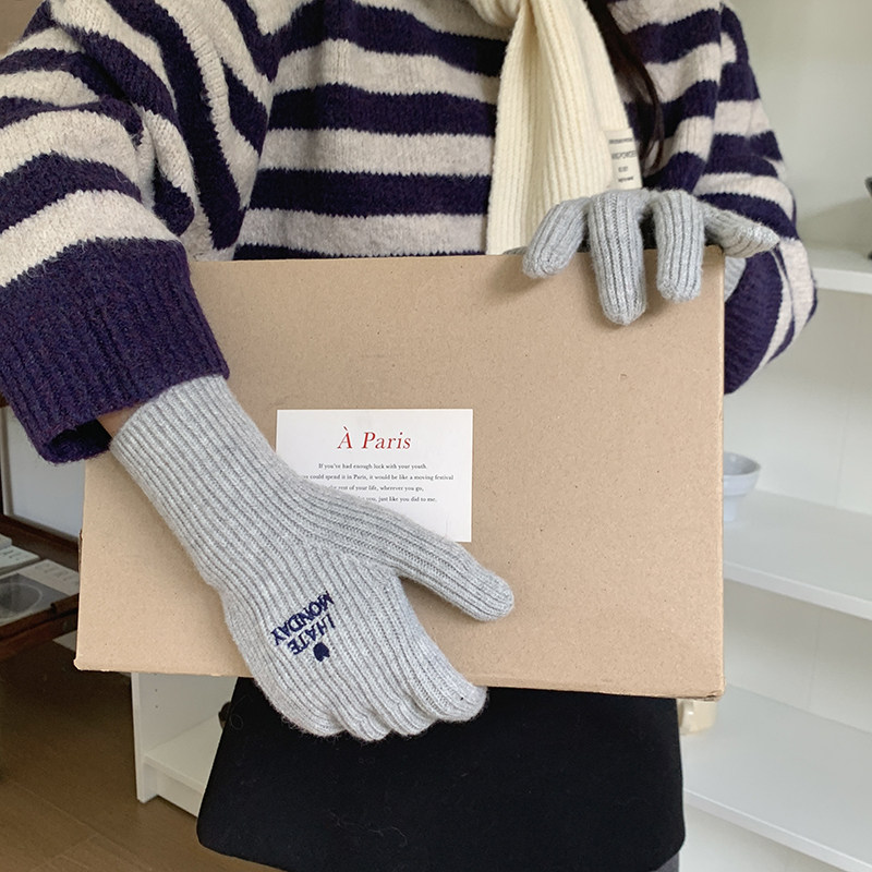 韩版ins字母针织手套男女可触屏