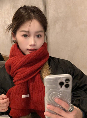 鬼怪同款红色围巾女冬季高级感羊毛混纺针织围脖学生保暖新年礼物