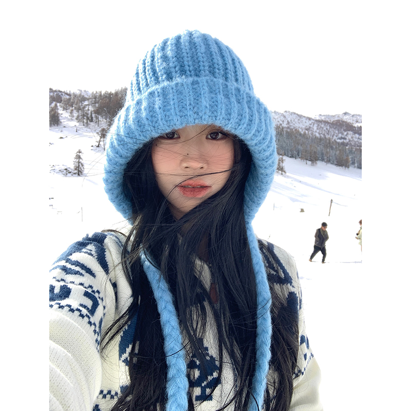 蓝色针织帽子女冬季大头围毛线帽护耳保暖雷锋帽加厚巴拉克拉法帽