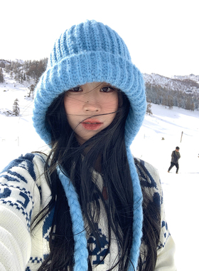 蓝色针织帽子女冬季大头围毛线帽护耳保暖雷锋帽加厚巴拉克拉法帽