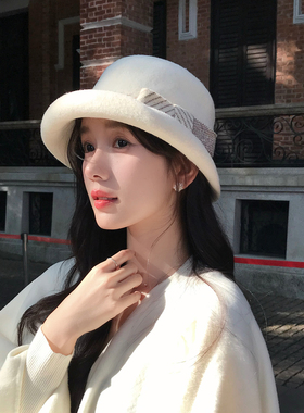 民国风白色小礼帽女秋冬复古千金气质卷边盆帽优雅赫本羊毛渔夫帽
