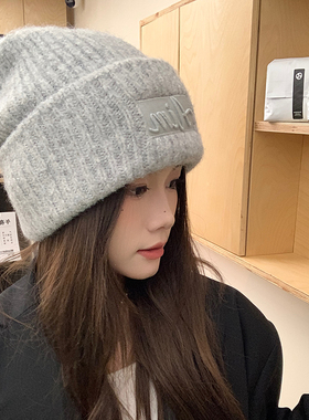 西本加大版毛线帽女冬季日系羊毛混纺灰色针织帽男保暖护耳冷帽子
