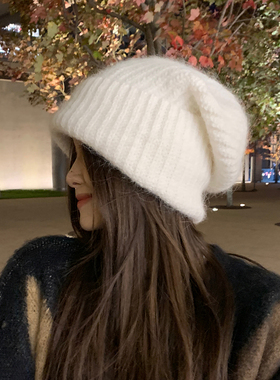 西本慵懒白色兔毛针织帽子女冬季大头围毛线帽保暖显脸小堆堆帽潮