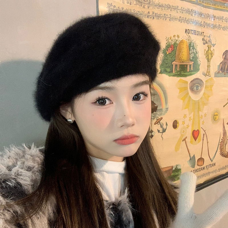 高端线~水貂绒羊绒混纺大版贝雷帽女秋冬气质优雅黑色画家帽显瘦