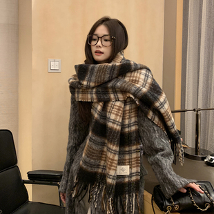 马海毛保暖披肩学生 仿羊绒围脖男长款 西本格子围巾女冬季 2025新款