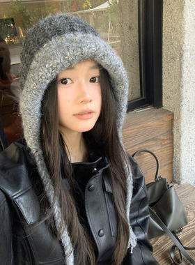 大头围针织帽子女冬季保暖雷锋帽骑行护耳毛线帽辫子巴拉克拉法帽