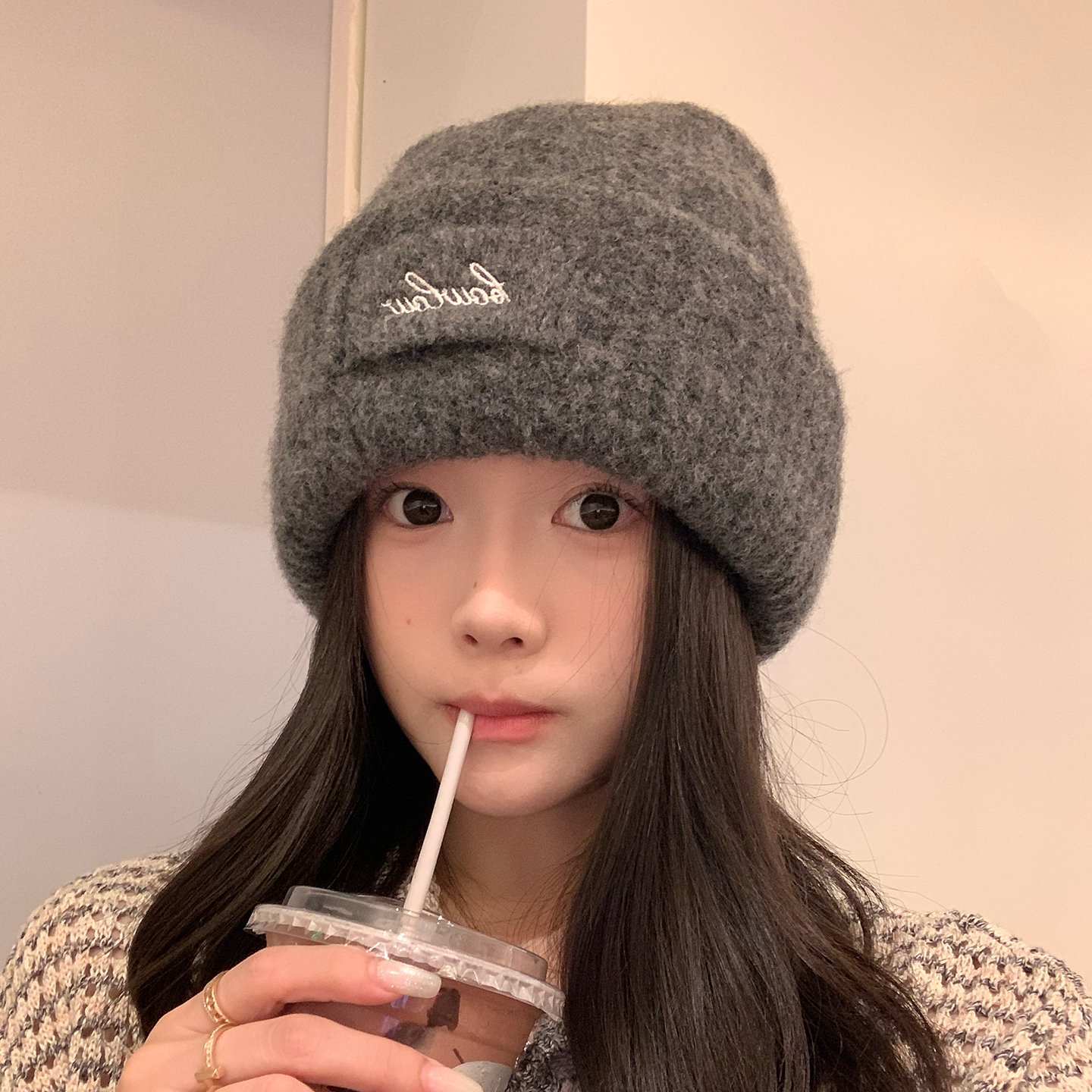 双层加厚羊毛混纺保暖针织毛线帽