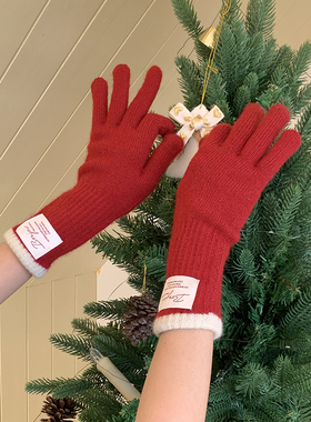 韩系ins红色针织手套女冬季含羊毛防寒骑行保暖分指手套可触屏男