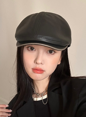 西本combon小众pu皮前进帽英伦复古贝雷帽子女秋季工体帽鸭舌帽男