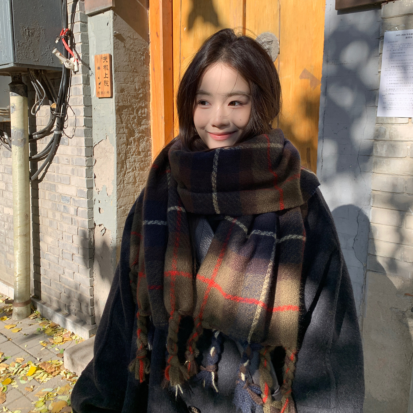 英伦格纹仿羊绒围巾女冬季高级感粗辫子长款保暖围脖情侣防风披肩