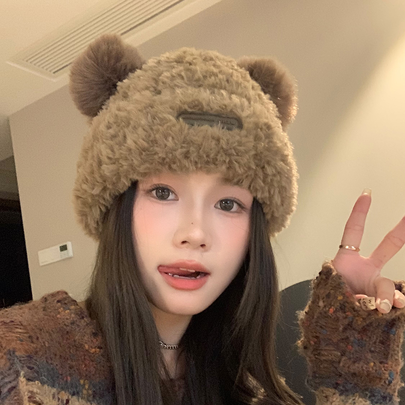 可爱小熊帽女秋冬户外保暖毛绒帽