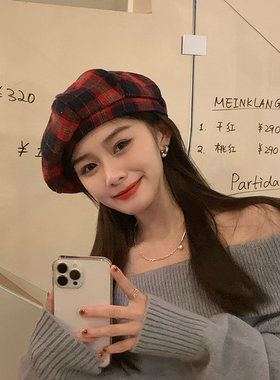 西本韩版新年礼物红色格子贝雷帽女秋冬新款英伦毛呢画家帽子女潮