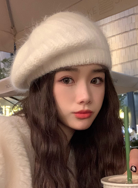 西本白色兔毛贝雷帽女秋冬软糯保暖针织帽时尚大头围画家帽韩版潮