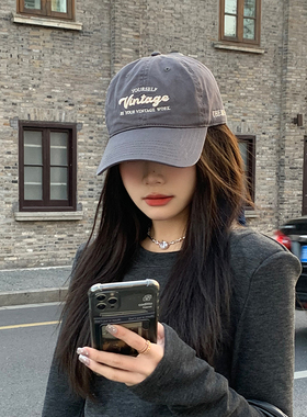 西本休闲炭灰色棒球帽女大头围做旧水洗全棉鸭舌帽男软顶字母百搭