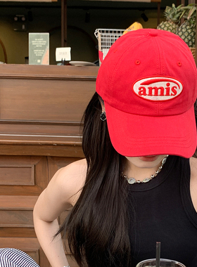 韩国ins帽子红色棒球帽女秋冬季休闲刺绣百搭软顶大头围鸭舌帽男