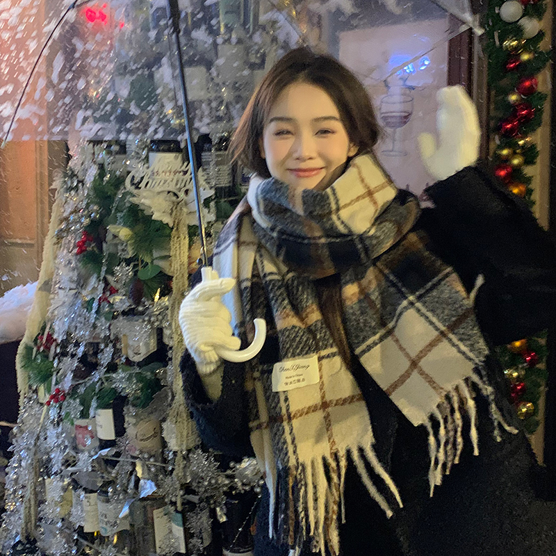 韩系时尚ins格纹保暖围巾女秋冬