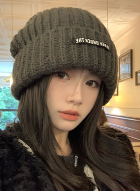 西本慵懒风大头围针织帽子女秋冬纯色百搭保暖毛线帽堆堆帽冷帽男