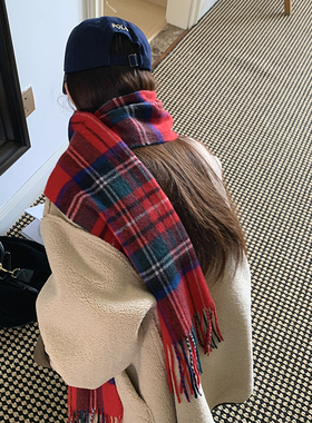 韩国订单~新年红色仿羊绒围巾女秋冬季英伦复古格纹学生保暖围脖