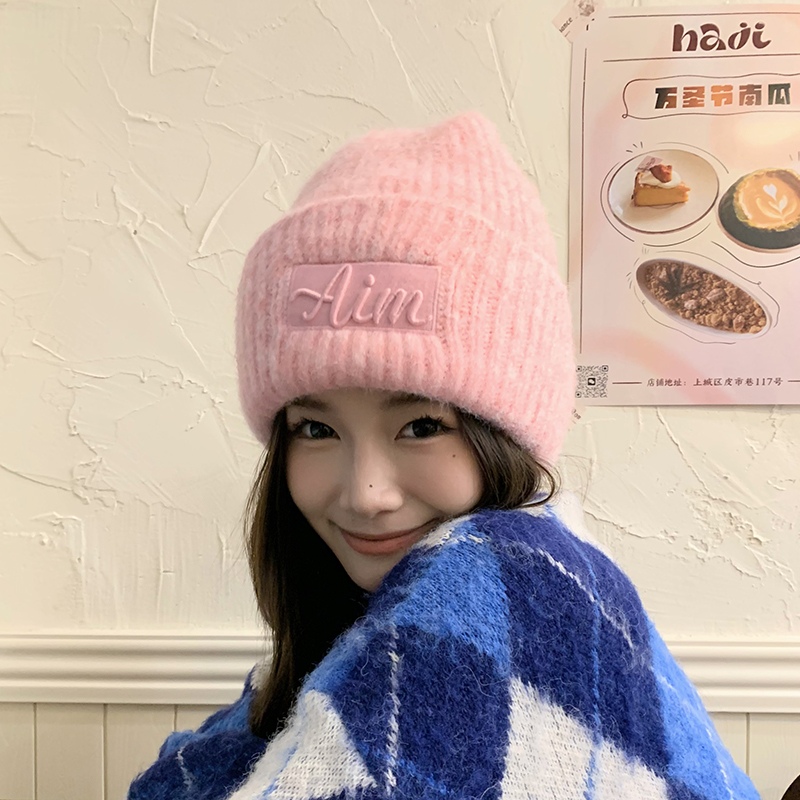 韩版ins大头围粉色针织帽女秋冬