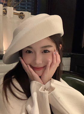 小众时尚贝雷帽女秋冬文艺复古白色画家帽凹造型飞碟帽千金公主帽