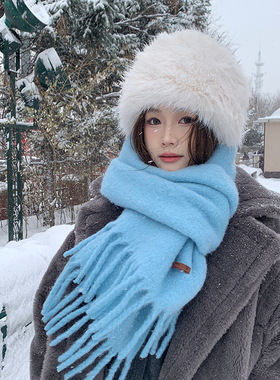 冰岛海盐蓝色围巾女冬季高级感纯色百搭羊毛围脖男保暖仿羊绒披肩