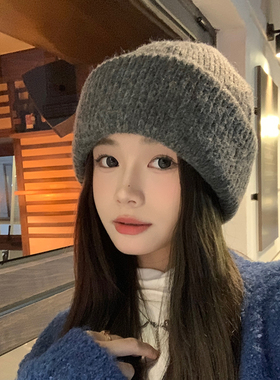 日系简约针织帽子女秋冬加厚灰色保暖毛线帽护耳套头冷帽男大头围