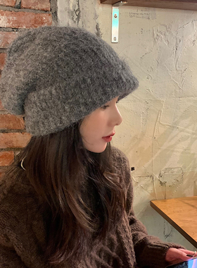 西本大头围针织帽子女秋冬日系纯色百搭毛线帽男显脸小堆堆帽冷帽