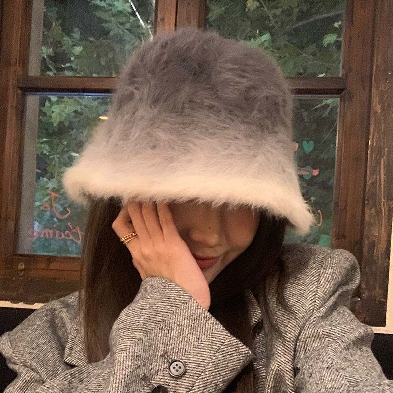 韩版兔毛毛绒水桶渔夫帽女秋冬