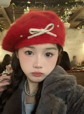 小红帽~新年红色兔毛贝雷帽子女秋冬季网红文艺时尚画家帽显脸小