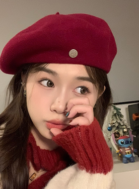 西本帽子女秋冬羊毛网红贝雷帽女复古画家帽显脸小气质红色帽潮流