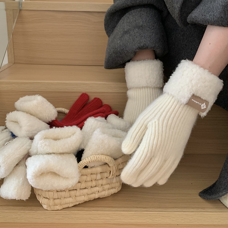 含羊毛加厚绒保暖针织分指手套女