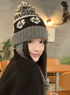 羊毛混纺灰色毛线帽女秋冬护耳保暖雷锋帽大头围户外防寒针织帽子