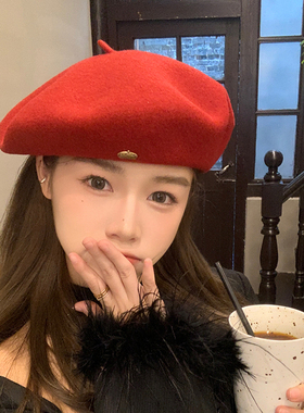 红色帽子女秋冬法式复古羊毛贝雷帽女时尚百搭大头围画家帽显脸小