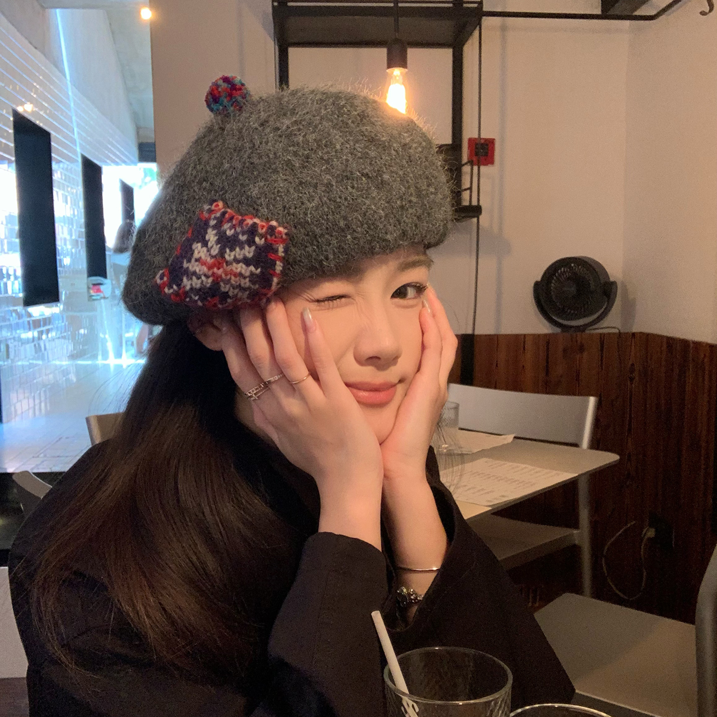 日系费尔岛贴布针织贝雷帽子女