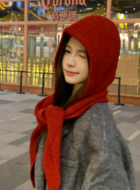 小红帽~韩版帽子围巾一体加厚保暖针织帽男红色毛线帽护耳雷锋帽